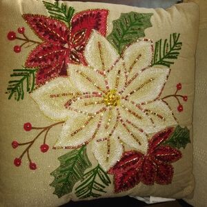 Holiday Pillow with Flower Red and Green Accents 19"